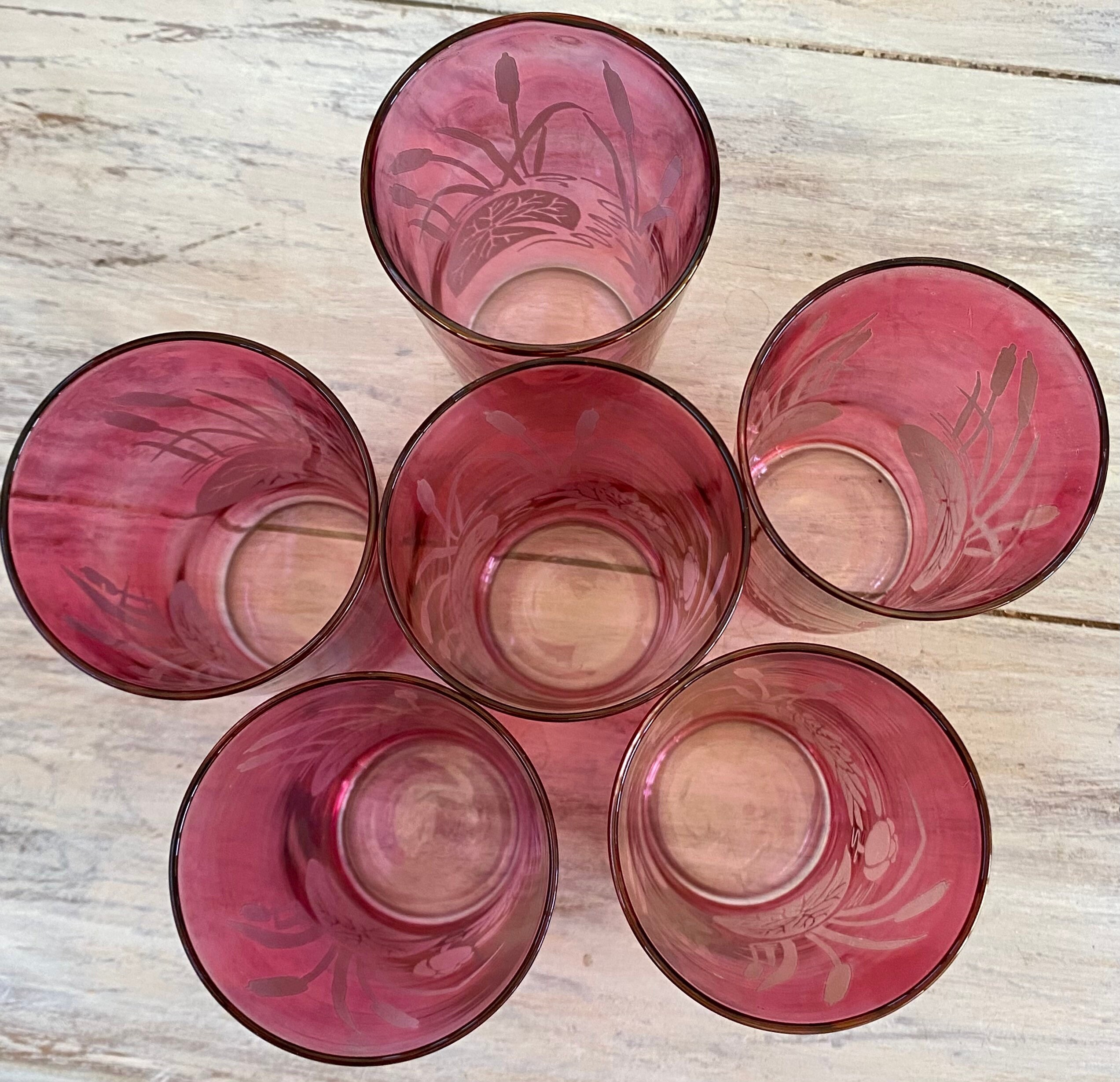 Vintage Cranberry Iridescent Glass Tumblers Etched With Etsy