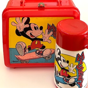 Vintage Mickey Mouse Skateboarding Plastic Lunch Box with Thermos by Aladdin