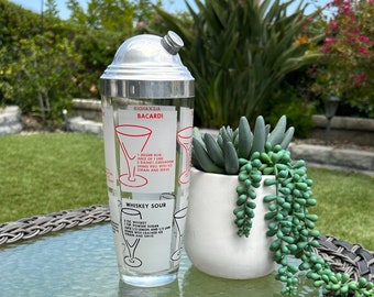 Vintage MCM Cocktail Shaker Clear Glass with Classic Cocktail Recipes