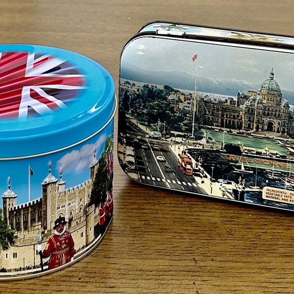 Selection of Two Collectible Toffee Tins -  Churchills Around London and Victoria British Columbia Canada (Empty)