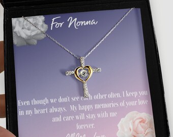 For Nonna Pendant, Grandma Love Message, Gift from Grandchild, Nonna Across the Mile, Precious Zirconia Heartcross, Nonna Love Message