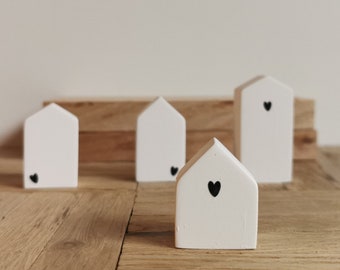 Mini houses made of Raysin, small village/town in white, home decoration, simple and minimalist, star and heart