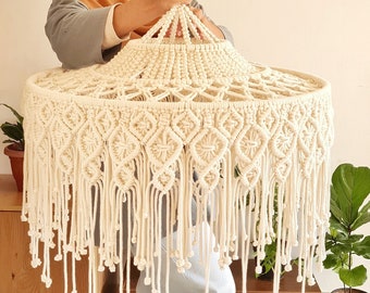Lámpara de araña grande de macramé, pantalla de macramé, lámpara de araña extragrande, pantallas con flecos, lámparas colgantes bohemias, lámparas de techo rústicas
