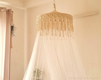 Macrame canopy with tulle,boho handmade bed canopy, baby nursery canopy, macrame chandelier, crib canopy, canopy for bed,baldachin curtain