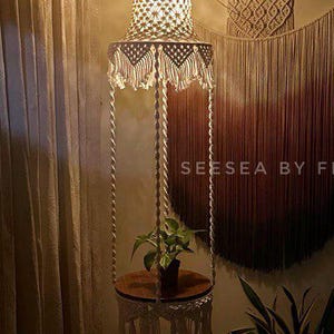 Macrame Hanging Table | Boho Plant Hanger with Wood Top | Vintage style side table with light | Macrame shelf