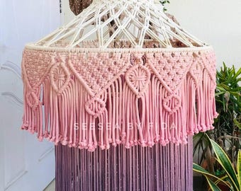 Pantalla rosa / Lámpara colgante bohemia / Iluminación para habitación infantil / Decoración infantil / Luces colgantes / Luces de techo / Iluminación de macramé