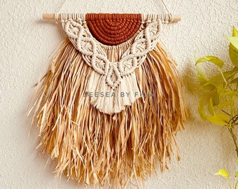 Tapiz de rafia, decoración de pared de rafia de macramé, bohemio, hecho a mano, tonos tierra