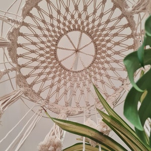 Puede incluir: Una l&aacute;mpara colgante de macram&eacute; color crema con un intrincado patr&oacute;n de cuerdas anudadas, un marco met&aacute;lico circular y borlas decorativas que cuelgan del per&iacute;metro, suspendida sobre una planta de interior verde y amarilla.