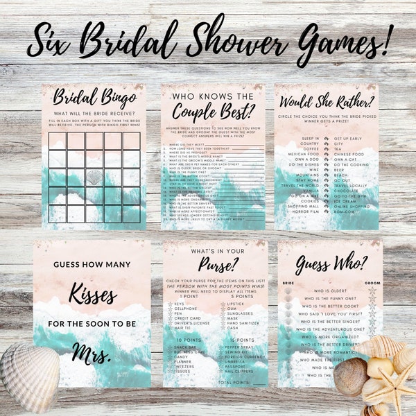Six Games! Ocean Themed Wedding or Bridal Shower Game | Printable Wedding Shower Games | Beach Wedding Shower Games | Bridal Shower Games