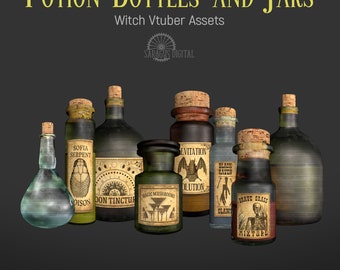 Potion Bottles Clipart, Witchy Decor, 8 PNG Files, Dark Academia, Witchcraft, Halloween