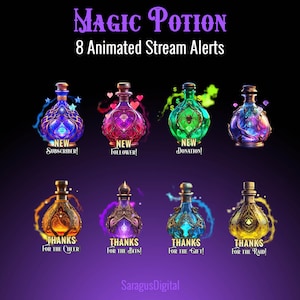 Magic Potion Bottles Twitch Alerts, Witchcraft Aesthetic Stream Alerts, Animated Wizard and Witch Overlays, Fantasy Spell Jars, Sound