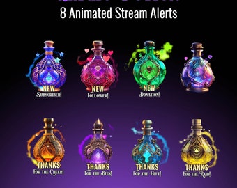 Magic Potion Bottles Twitch Alerts, Witchcraft Aesthetic Stream Alerts, Animated Wizard and Witch Overlays, Fantasy Spell Jars, Sound
