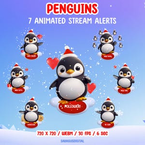 This pack includes 7 animated stream alerts with penguins. Created for stream events such as followers, subscribers, raids, cheers, and more, these alerts add a friendly accent to streams for streamers and VTubers, without distracting from gameplay or chat