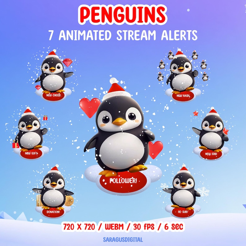 This pack includes 7 animated stream alerts with penguins. Created for stream events such as followers, subscribers, raids, cheers, and more, these alerts add a friendly accent to streams for streamers and VTubers, without distracting from gameplay or chat