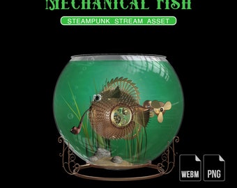 Steampunk Stream Decoration, Twitch Overlay, Animated Mechanical Fish, Virtual Aquarium, 3D Vtuber Asset