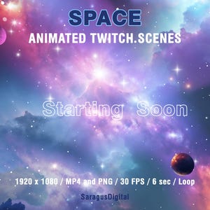 Animated Galaxy theme Twitch overlays with space visuals and sci-fi atmosphere. Colorful cosmic Twitch screens with animated and static stream scenes: Starting Soon, Be Right Back, Stream Ending, Offline, and a separate virtual background without text
