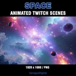 Animated Galaxy theme Twitch overlays with space visuals and sci-fi atmosphere. Colorful cosmic Twitch screens with animated and static stream scenes: Starting Soon, Be Right Back, Stream Ending, Offline, and a separate virtual background without text