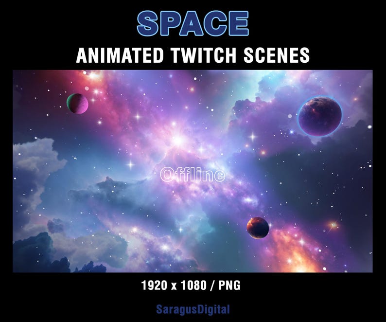 Animated Galaxy theme Twitch overlays with space visuals and sci-fi atmosphere. Colorful cosmic Twitch screens with animated and static stream scenes: Starting Soon, Be Right Back, Stream Ending, Offline, and a separate virtual background without text