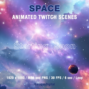 Animated Galaxy theme Twitch overlays with space visuals and sci-fi atmosphere. Colorful cosmic Twitch screens with animated and static stream scenes: Starting Soon, Be Right Back, Stream Ending, Offline, and a separate virtual background without text