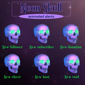 Neon Skull Twitch Alerts, Horror Animated Stream Overlays, Halloween New Follower, Donation, Raid, Subscriber, Halloween, Witchcraft Theme