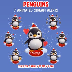 This pack includes 7 animated stream alerts with penguins. Created for stream events such as followers, subscribers, raids, cheers, and more, these alerts add a friendly accent to streams for streamers and VTubers, without distracting from gameplay or chat