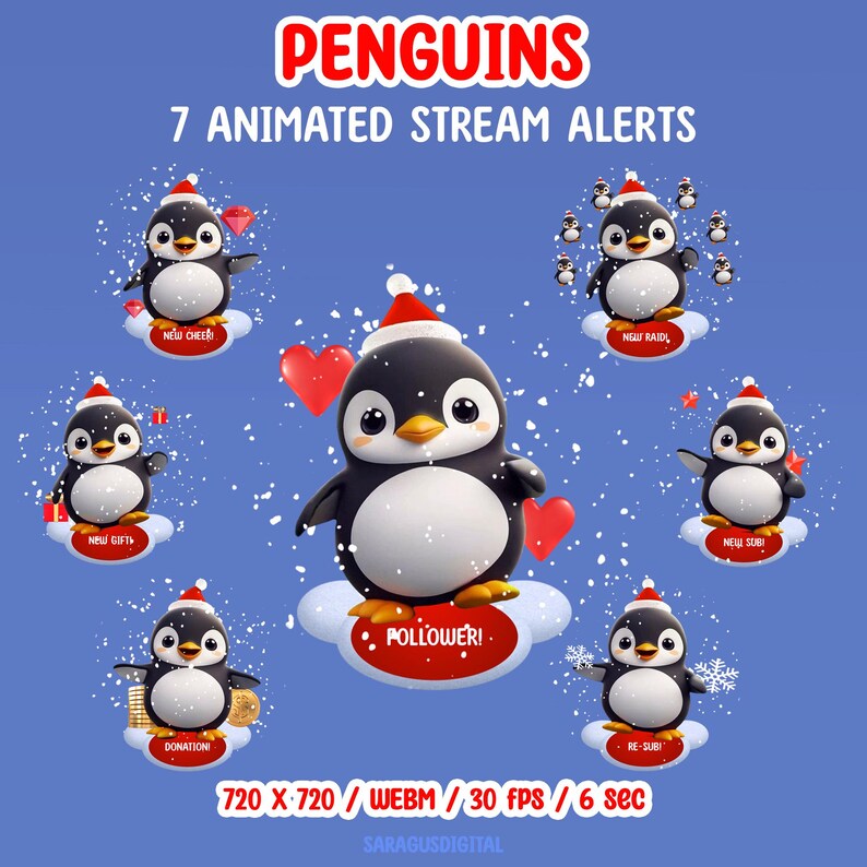 This pack includes 7 animated stream alerts with penguins. Created for stream events such as followers, subscribers, raids, cheers, and more, these alerts add a friendly accent to streams for streamers and VTubers, without distracting from gameplay or chat