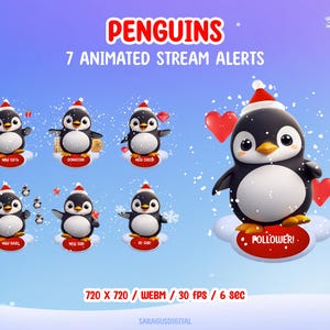 This pack includes 7 animated stream alerts with penguins. Created for stream events such as followers, subscribers, raids, cheers, and more, these alerts add a friendly accent to streams for streamers and VTubers, without distracting from gameplay or chat