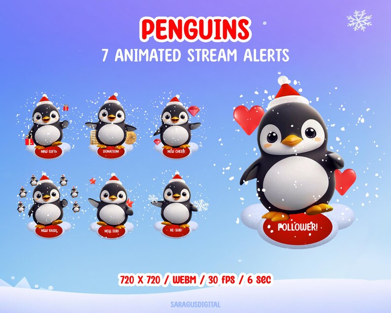 This pack includes 7 animated stream alerts with penguins. Created for stream events such as followers, subscribers, raids, cheers, and more, these alerts add a friendly accent to streams for streamers and VTubers, without distracting from gameplay or chat