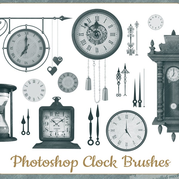 Brosses d’horloge rétro pour Photoshop et Procreate, Timbre, ABR, Victorien, Steampunk, Montre antique, Sablier, Horloge pendule