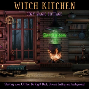 Può includere: Una cucina di streghe con un calderone sopra un fuoco, un tavolo di legno con libri e una tavola Ouija, e una finestra che si affaccia su una foresta oscura. Il testo "Starting soon" è visualizzato in lettere al neon verdi.