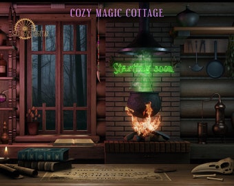 Witch Twitch Overlays, Animated Stream Screens, Magic Kitchen VTuber Background, Starting Soon