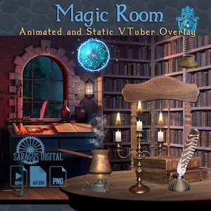 May include: A digital illustration of a magical room with a bookshelf, a glowing orb, a candelabra, and a quill pen. The room is decorated with a wooden sign that says "Magic Room".
