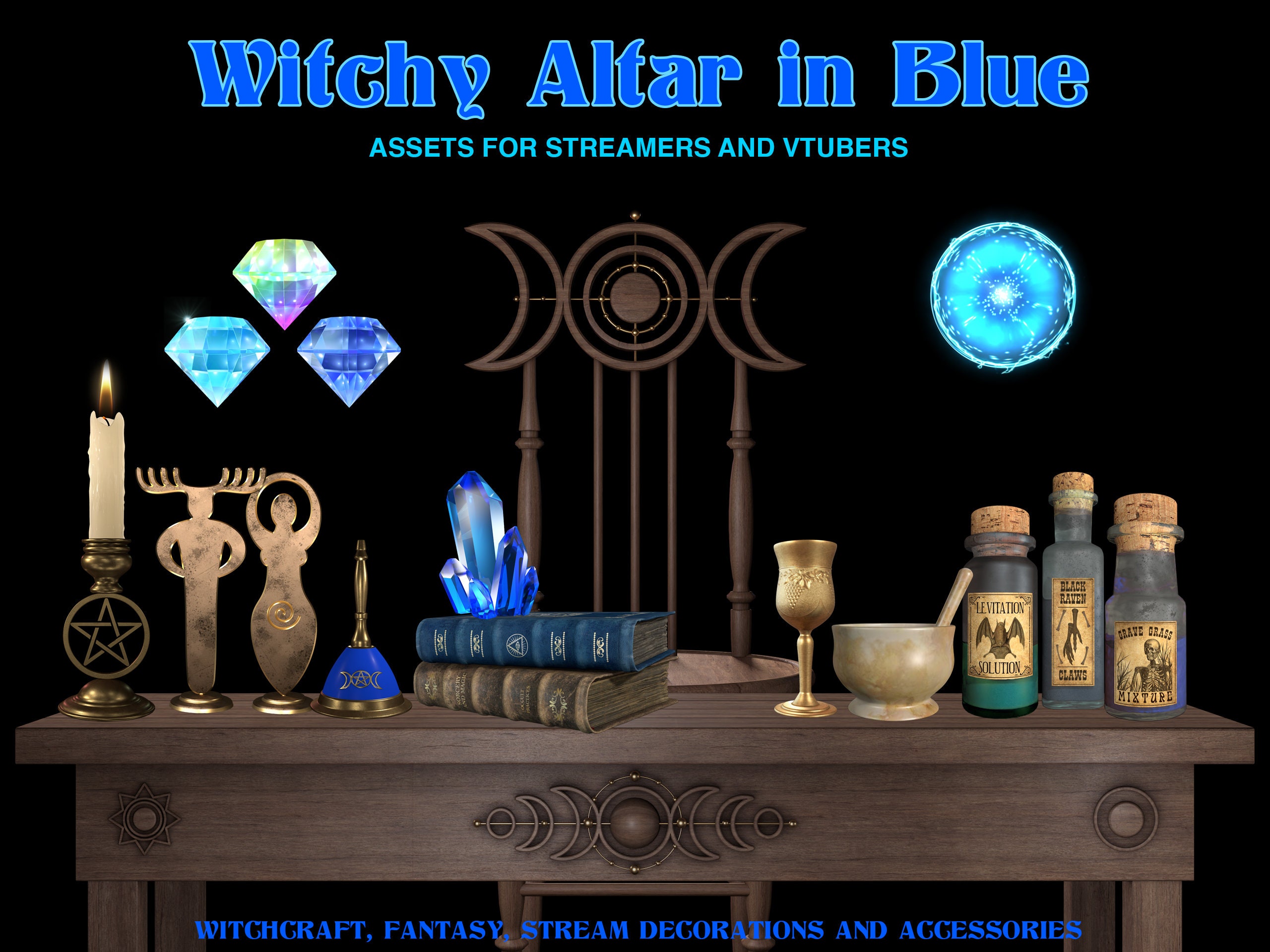 Table Weapons Overlay Witch Twitch Overlays, Animated Stream Assets, Pagan Altar in Blue ...