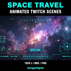 A complete set of animated sci-fi stream screens and backgrounds for streamers and VTubers who want a deep-space, spaceship cockpit and high-tech vibe on their channel. The pack includes Starting Soon, BRB, Stream Ending, Offline screens and two space backgrounds
