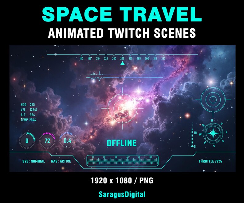 A complete set of animated sci-fi stream screens and backgrounds for streamers and VTubers who want a deep-space, spaceship cockpit and high-tech vibe on their channel. The pack includes Starting Soon, BRB, Stream Ending, Offline screens and two space backgrounds