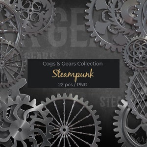 Peut inclure: Une collection de 22 engrenages et pignons de style steampunk en métal argenté. Les engrenages sont disposés en cercle sur un fond gris foncé. Le texte "Cogs & Gears Collection Steampunk 22 pcs / PNG" est affiché au centre de l'image.