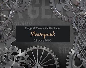 Clipart engrenages et rouages steampunk, décoration industrielle, 22 superpositions transparentes PNG, haute résolution