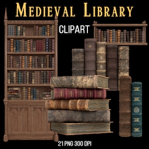 Puede incluir: Un conjunto de 21 imágenes de clipart digitales de una biblioteca medieval con estanterías, pilas de libros y libros individuales. Los libros son todos de aspecto antiguo con cubiertas de cuero y detalles dorados. Las imágenes están en formato PNG y tienen una resolución de 300 DPI.