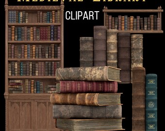 Old Books Clipart, Vintage Bookshelf, Virtual Retro Bookcase, Medieval Library Clip Art, PNG