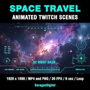 May include: Animated Twitch scene with a space travel theme. The image features a cosmic background with a nebula and a digital interface displaying data and the text "BE RIGHT BACK". The scene is 1920 x 1080, MP4 and PNG, 30 FPS, 6 sec loop.