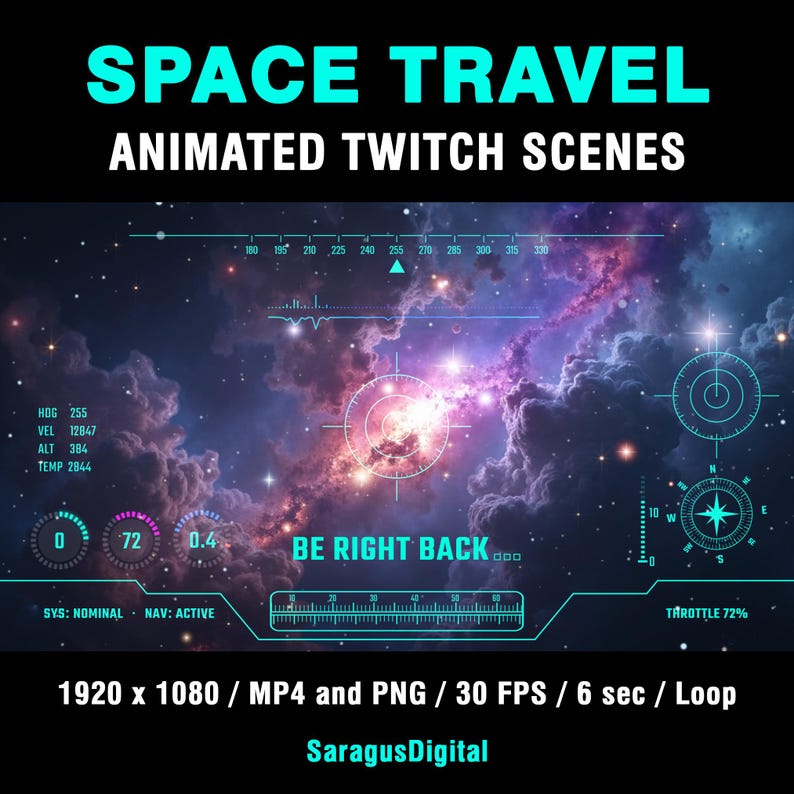 A complete set of animated sci-fi stream screens and backgrounds for streamers and VTubers who want a deep-space, spaceship cockpit and high-tech vibe on their channel. The pack includes Starting Soon, BRB, Stream Ending, Offline screens and two space backgrounds