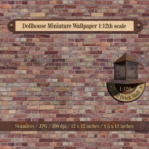 Könnte beinhalten: Eine nahtlose digitale Tapete mit einer roten Backsteinmauertextur. Die Tapete ist für Puppenhäuser konzipiert und hat einen Maßstab von 1:12. Das Bild enthält den Text "1:12th Old Brick Wall".
