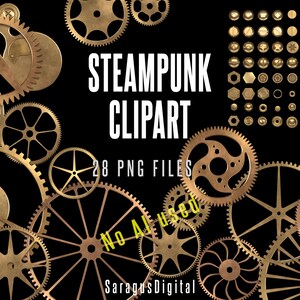Puede incluir: Un conjunto de 28 imágenes de clipart steampunk de color dorado, que incluyen engranajes, piñones y otros elementos mecánicos. El texto "STEAMPUNK CLIPART" y "28 PNG FILES" es visible en la imagen.