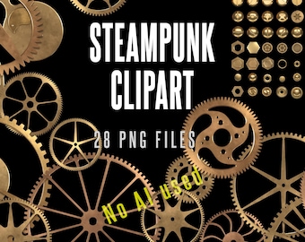 Steampunk Clipart: Gold Gears & Screws, Realistic, 3D (28 PNG Files, 90+ Items)