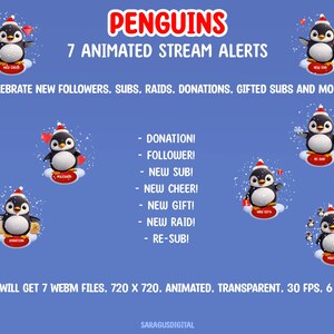 This pack includes 7 animated stream alerts with penguins. Created for stream events such as followers, subscribers, raids, cheers, and more, these alerts add a friendly accent to streams for streamers and VTubers, without distracting from gameplay or chat