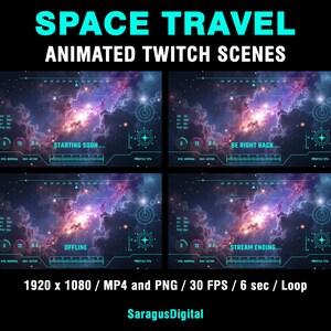 A complete set of animated sci-fi stream screens and backgrounds for streamers and VTubers who want a deep-space, spaceship cockpit and high-tech vibe on their channel. The pack includes Starting Soon, BRB, Stream Ending, Offline screens and two space backgrounds