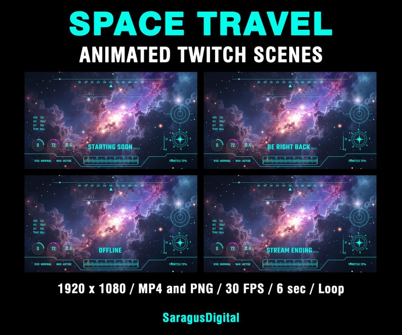A complete set of animated sci-fi stream screens and backgrounds for streamers and VTubers who want a deep-space, spaceship cockpit and high-tech vibe on their channel. The pack includes Starting Soon, BRB, Stream Ending, Offline screens and two space backgrounds