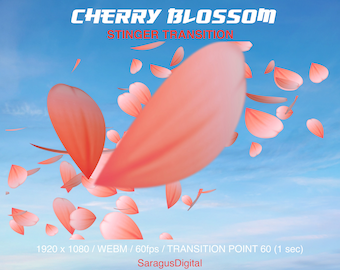 May include: A pink cherry blossom stinger transition animation with the text "CHERRY BLOSSOM STINGER TRANSITION" and "1920 x 1080 / WEBM / 60fps / TRANSITION POINT 60 (1 sec)" and the text "SaragusDigital".