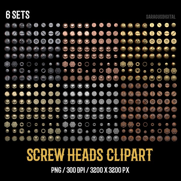 Clipart Screw Heads, Steampunk, Tech, Industrial Clip Art, PNG Transparent, Gold, Brass, Rusty Screws, Digital Download