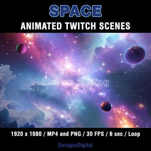 Animated Galaxy theme Twitch overlays with space visuals and sci-fi atmosphere. Colorful cosmic Twitch screens with animated and static stream scenes: Starting Soon, Be Right Back, Stream Ending, Offline, and a separate virtual background without text